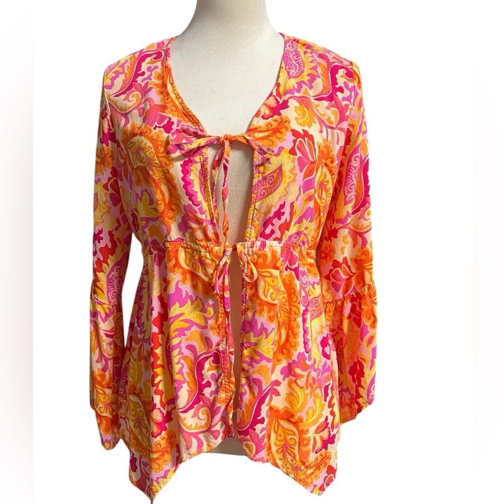 Cato Pink and Orange Patterned Blouse bell sleeve